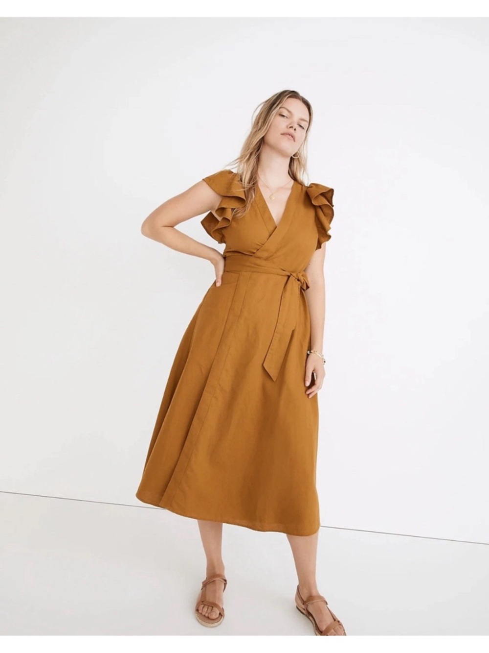 Madewell Mustard Wrap Midi Dress with Ruffle Sleeves